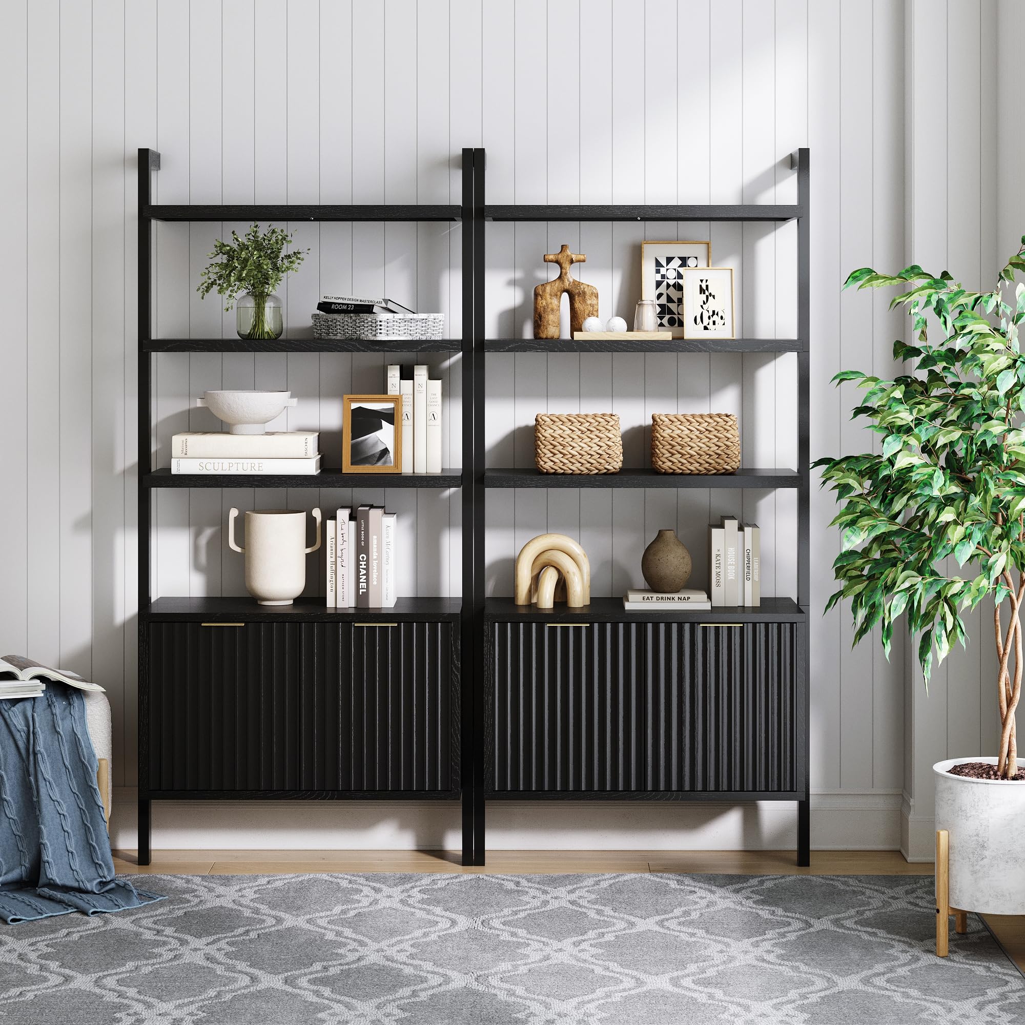 Photo 1 of ***PARTIAL SET/ MISSING ASSEMBLY PIECES**** Nathan James Jasper 3-Shelf Solid Wood Boho Bookshelf, Wall Mounted Bookshelf with Cabinet with Fluted Doors, Black Oak, Set of 2