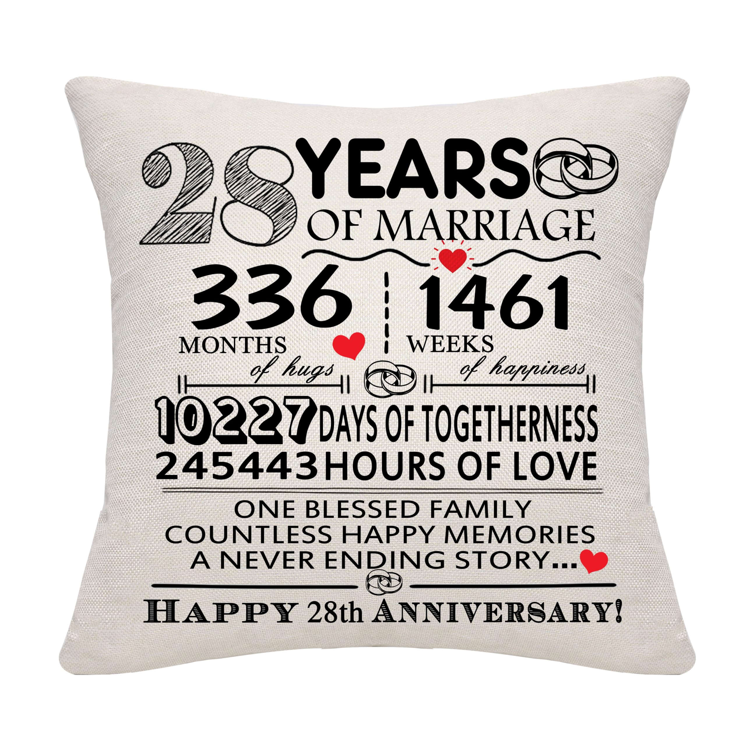 Bommex 28 Years of Marriage Gift 28th Wedding Anniversary Cushion Cover Keepsake Decoration Gift for Couples Parents Women Men Mum Dad Husband Wife Grandma Grandad Aunt Uncle Friends(28 YEARS)