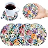 4 Pcs Diamond Art Coaster Kit with Cover, Waterproof Diamond Art Painting Coasters Round, Colorful Flower Diamond Art Kits for Dining Table Kitchen Home Office Decor Crafts Gift