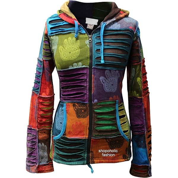 Giacca Hippy Con Cappuccio A Punta Per Donna – Cotone Elasticizzato, Motivo Patchwork Love & Peace, Effetto Stonewash