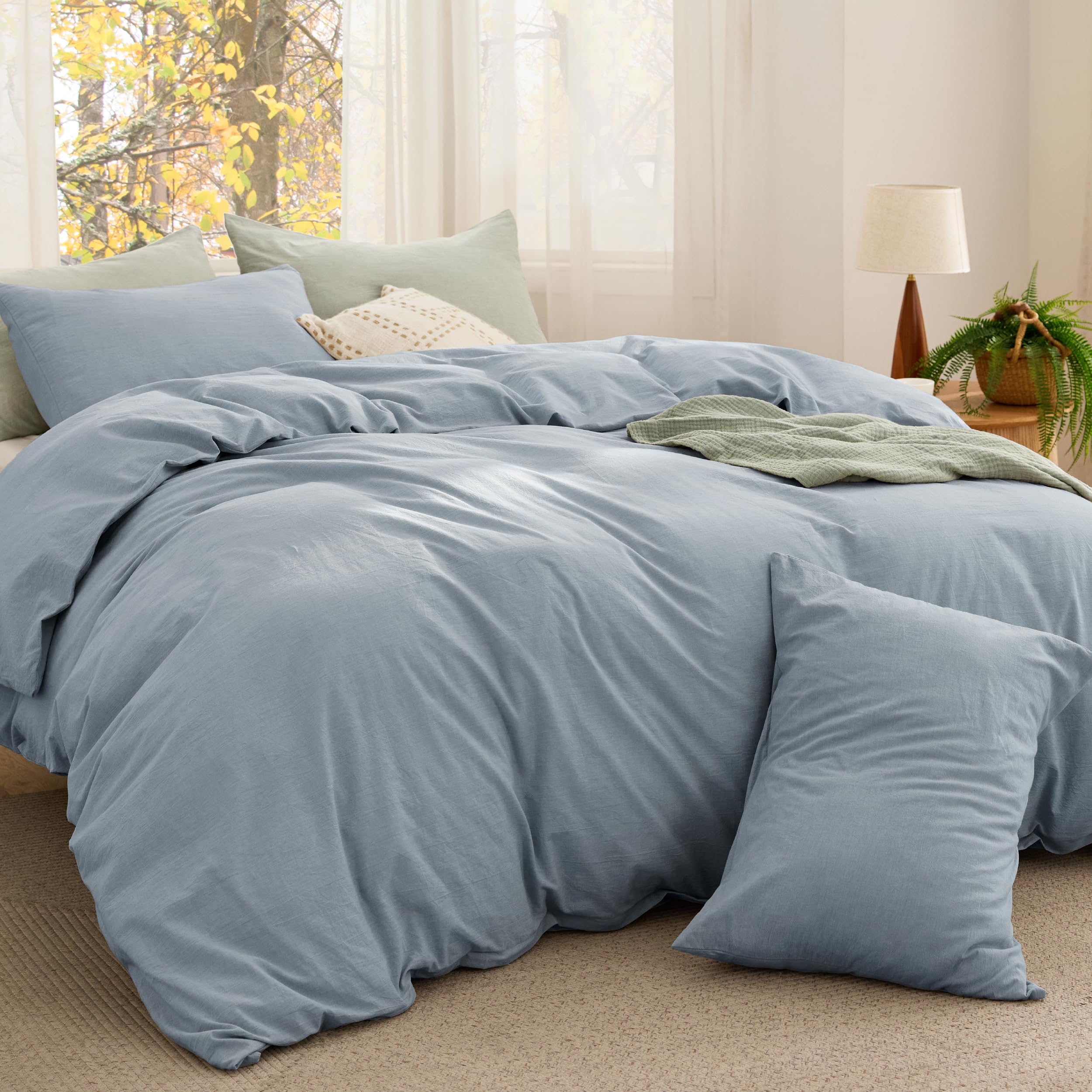 Bedsure Comforter Set Queen Size - Cotton Fabric with Microfiber Inner Fill, Mineral Blue Soft Bed Set for All Seasons, 3 Pieces, 1 Comforter (90" x 90") and 2 Pillow Cases (20" x 26")