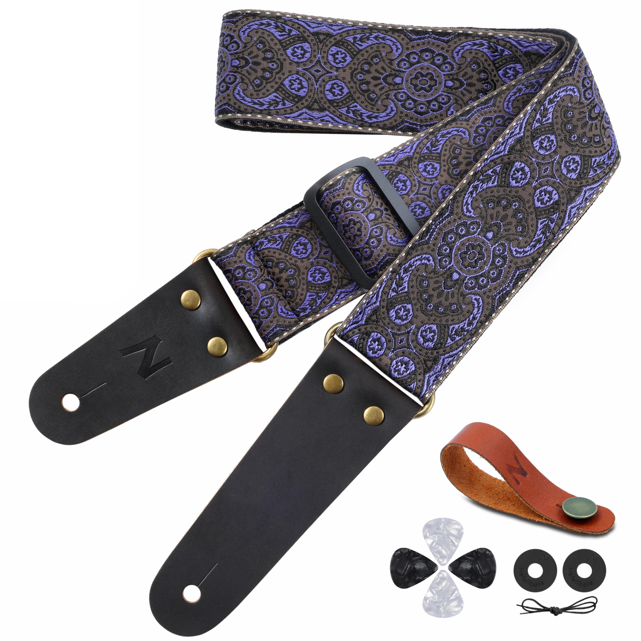 Nefelibata Guitar Strap, Vintage Embroidered Cotton Guitar Straps with Genuine Leather Ends for Bass, Electric & Acoustic Guitars, Come with Free Strap Button, 1 Pair Strap Locks and 4 Guitar Picks — image 1