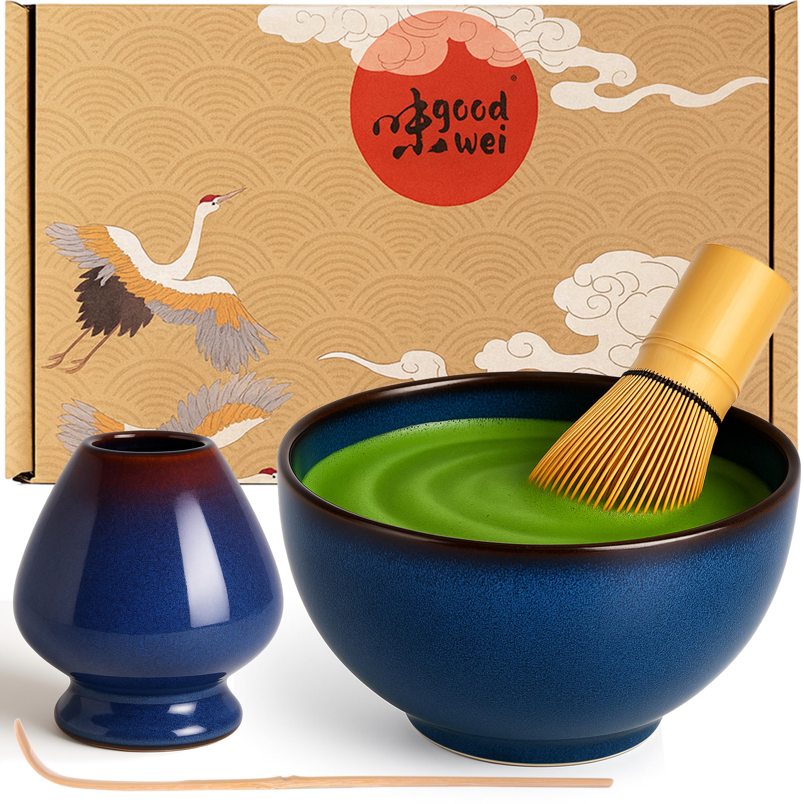 Goodwei Matcha Set with Matcha Whisk, Spoon and Ceramic Matcha Bowl with Whisk Holder in Matching Design | Artisanal Matcha Tea Bowl Chawan | Gift Set (Safaia, 80)