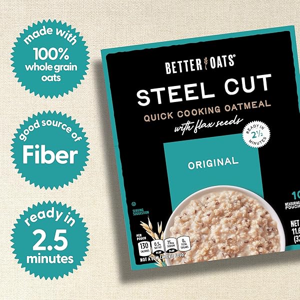 BETTER OATS STEEL CUT INSTANT OATMEAL PACKETS, ORIGINAL FLAVOR WITH FLAX SEEDS AND WHOLE GRAINS, QUICK-COOKING BREAKFAST, 11.6 OZ BOX OF 10 POUCHES (PACK OF 6)