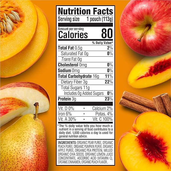 HAPPY TOT ORGANICS STAGE 4 BABY FOOD POUCHES, GLUTEN FREE, VEGAN SNACK, FIBER & PROTEIN FRUIT & VEGGIE PUREE, APPLES, PEACHES, PUMPKIN & CINNAMON, 4 OUNCE (PACK OF 1)