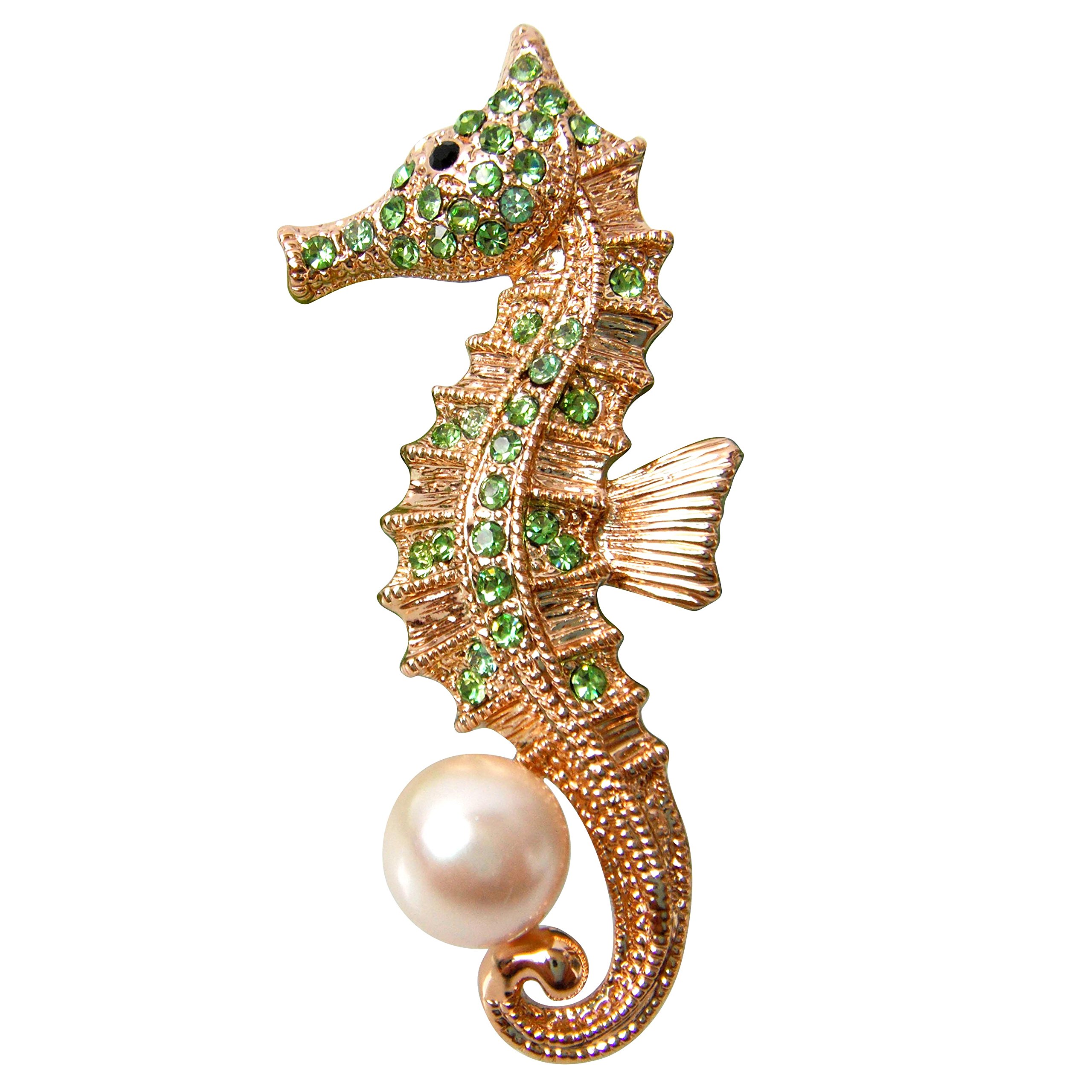 Navachi 18k Gold Plated Pearl Green Crystal Sea Horse Az7381b Brooch pins