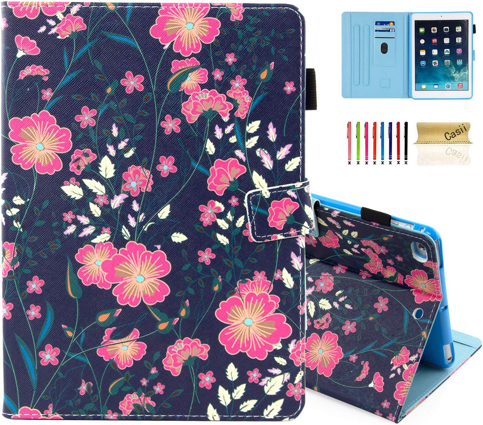 Casii Case for iPad 9.7 2018/2017, Ultra Slim Folio Stand Premium Leather Shockproof Protective Cover with Card Slots & Auto Sleep Wake & Pencil Holder for iPad Air 2/ iPad Air, Pink Flower