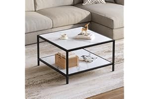 SAYGOER White Coffee Table with Storage 2 Tier Modern Suqare Coffee Tables for Living Room Small Faux Marble Center Table for Office Apartment Home, Easy Assembly