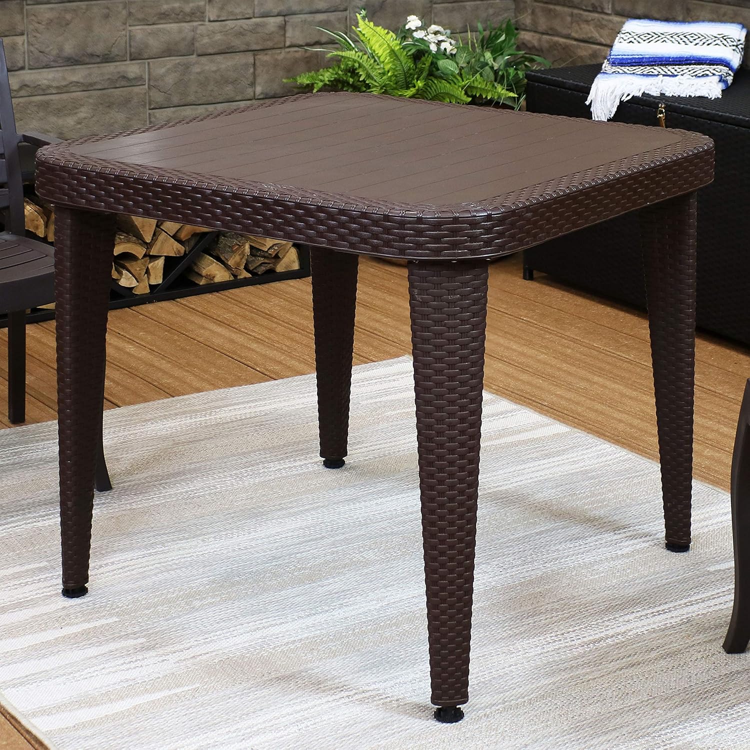 Sunnydaze All-Weather Square Patio Dining Table with Faux Wood Grain Top - Wenge - Plastic Indoor/Outdoor Table with Faux Wicker Design - Perfect for Porch, Deck or Dining Room - 35.25 Inches Square: Sunnydaze Decor: Kitchen & Dining
