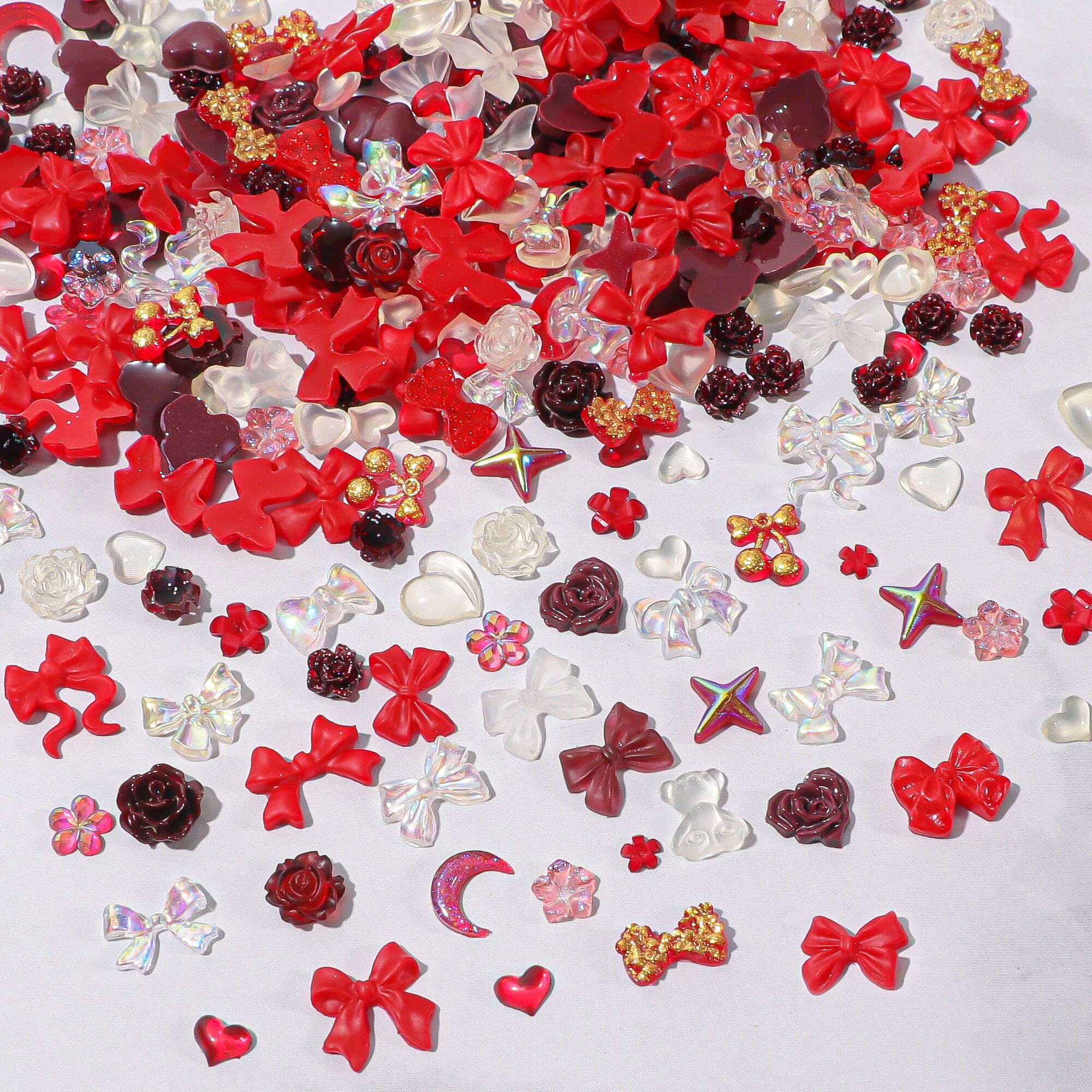 3D Flower Bow Bear Moon Heart Nail Art Charms, 400PCS Multi Shapes Resin Charms for Nail Art Decorations DIY Crafts Jewelry Accessories (Red)