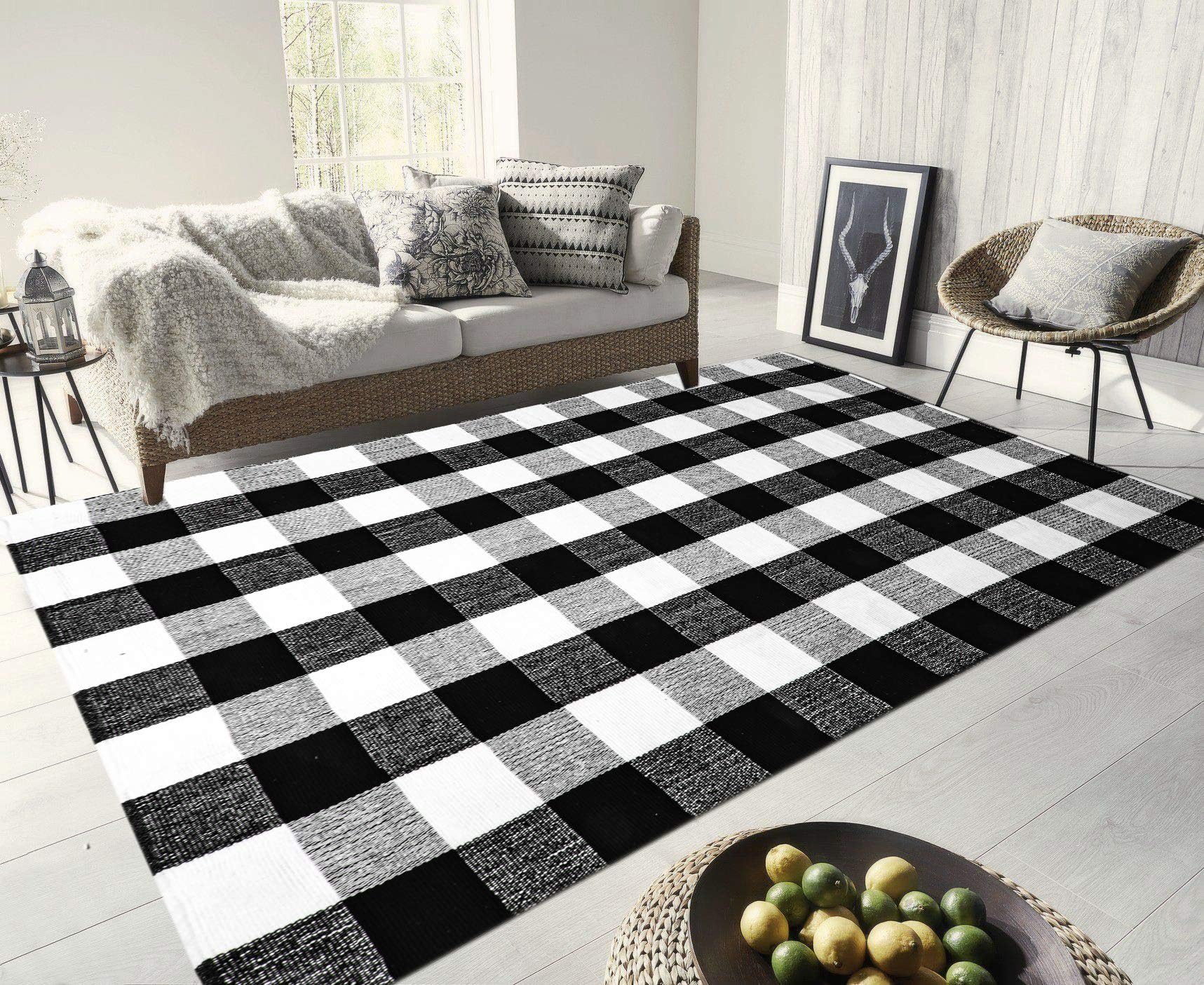 [Egyptian Cotton Tree] 100% Hand-Woven Cotton Large Black & White Washable Rugs, Plaid Area Rug/Runner Rug/Washable…