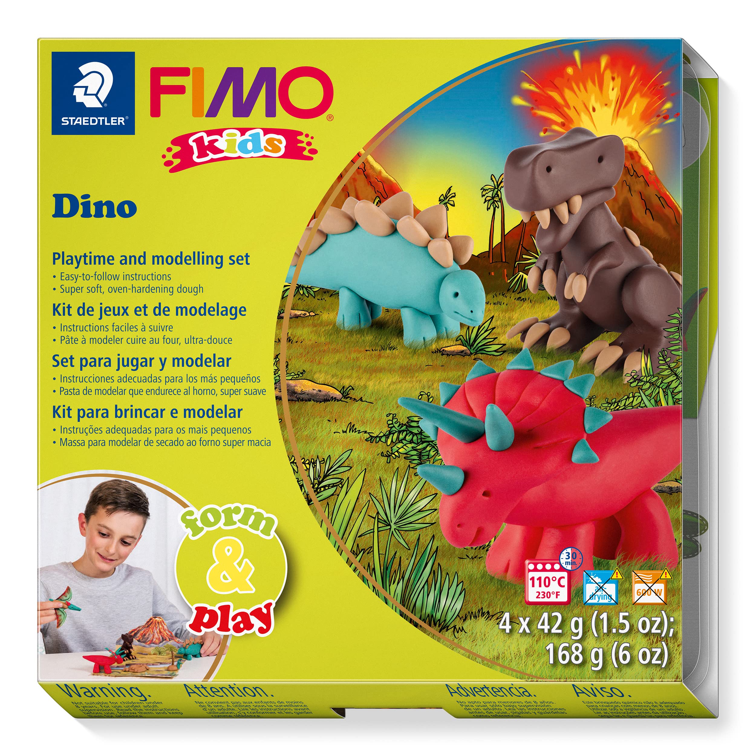 STAEDTLER 8034 07 LZ FIMO Kids Form&Play Playtime & Modelling Polymer Clay Set - "Dino" (Pack of 4 Blocks, Stickers, Modelling Tools & Background Scene)