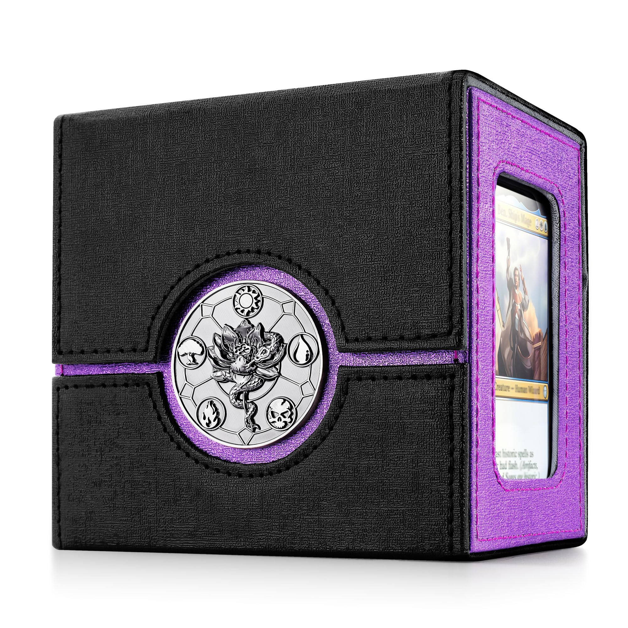 Kabinka Commander Deck Box for MTG with Dice Tray, Card Deck Box with Metal Emblem, Hold 100 Double-Sleeved Cards for TCG/PTCG, Cards Storage Case with 35PT Magnetic Card Holder (Black& Purple, Lotus)