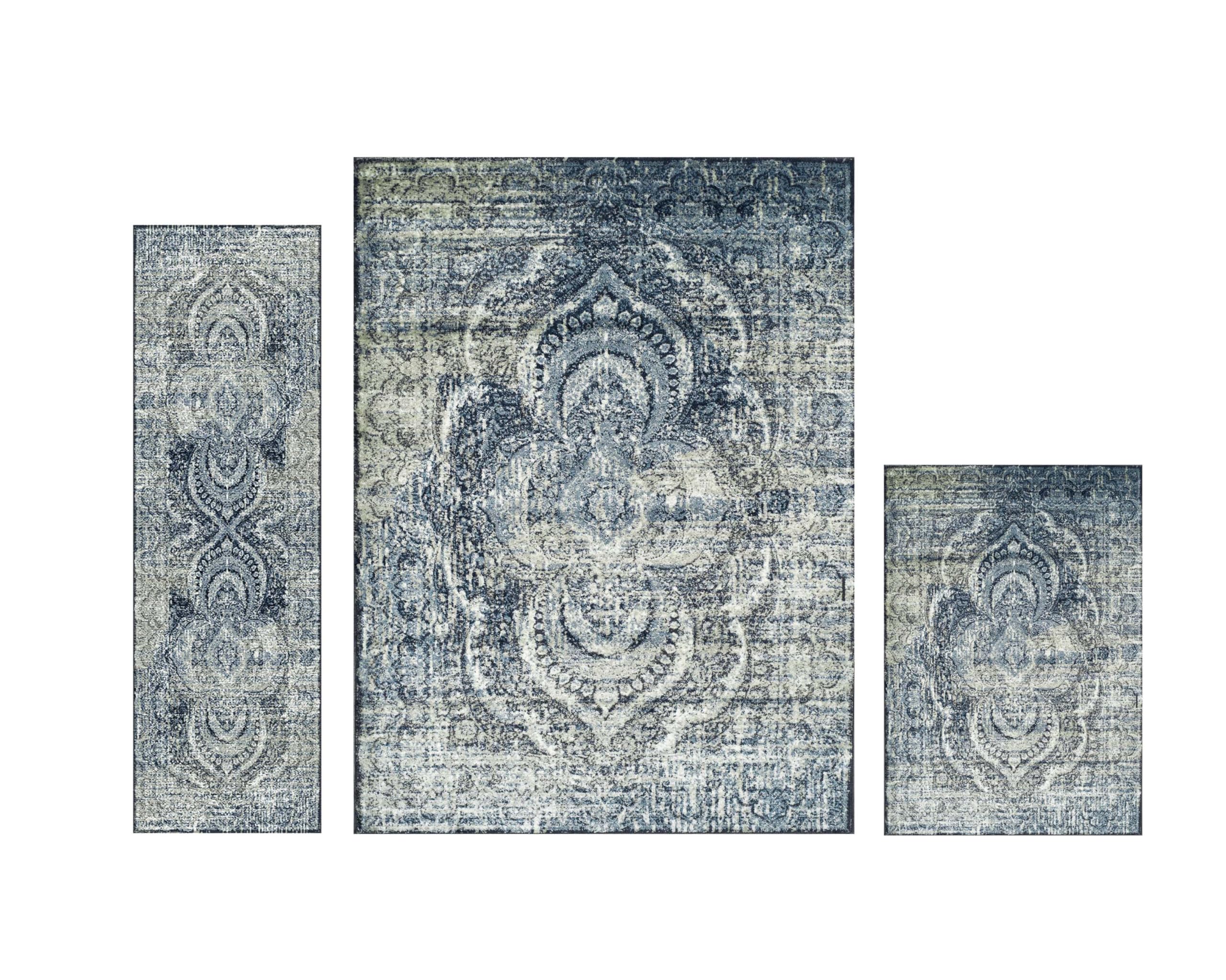 Superior Salford 3 Piece Indoor Area Rug Set, Jute Backing, Abstract Medallion Decor, Hallway, Office, Kitchen, Bedroom, Living Room Floors, Plush Rugs, 2' 7" x 8', 4' x 6', 8' x 10', Blue/Beige Image
