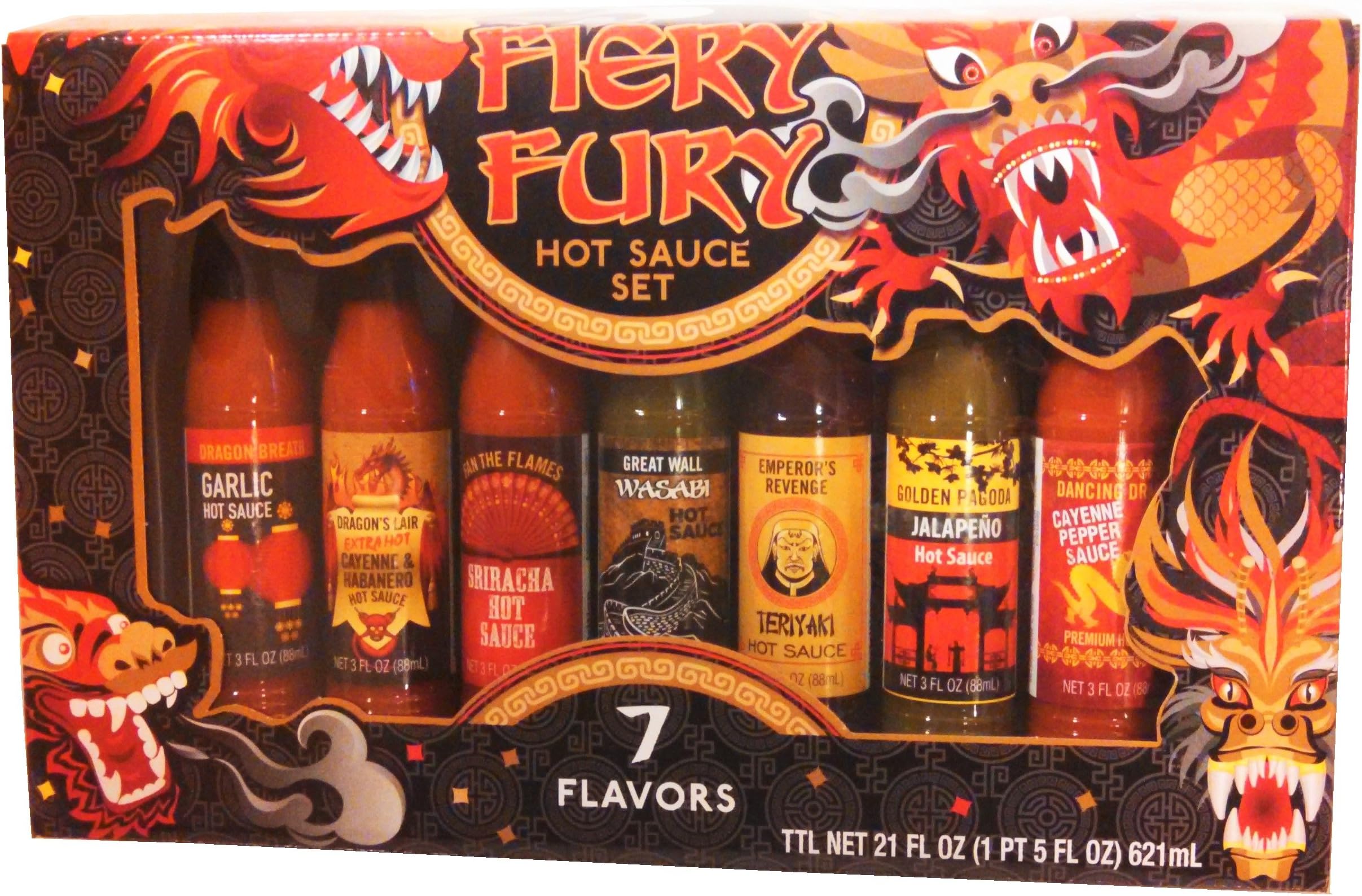 Fiery Fury Hot Sauce Set with 7 Flavors: Garlic, Cayenne & Habanero, Sriracha, Wasabi, Teriyaki, Jalapeno, Cayenne. 21oz Total.