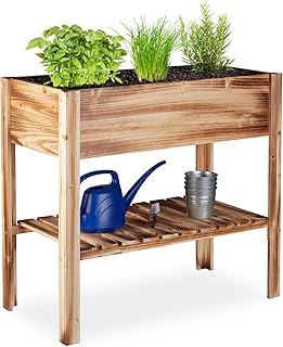 Relaxdays Hochbeet Holz, Ablagefach, Pflanzkasten Balkon, Terrasse, Garten, Kräuterbeet, HBT 80 x 88 x 43,5 cm, geflammt