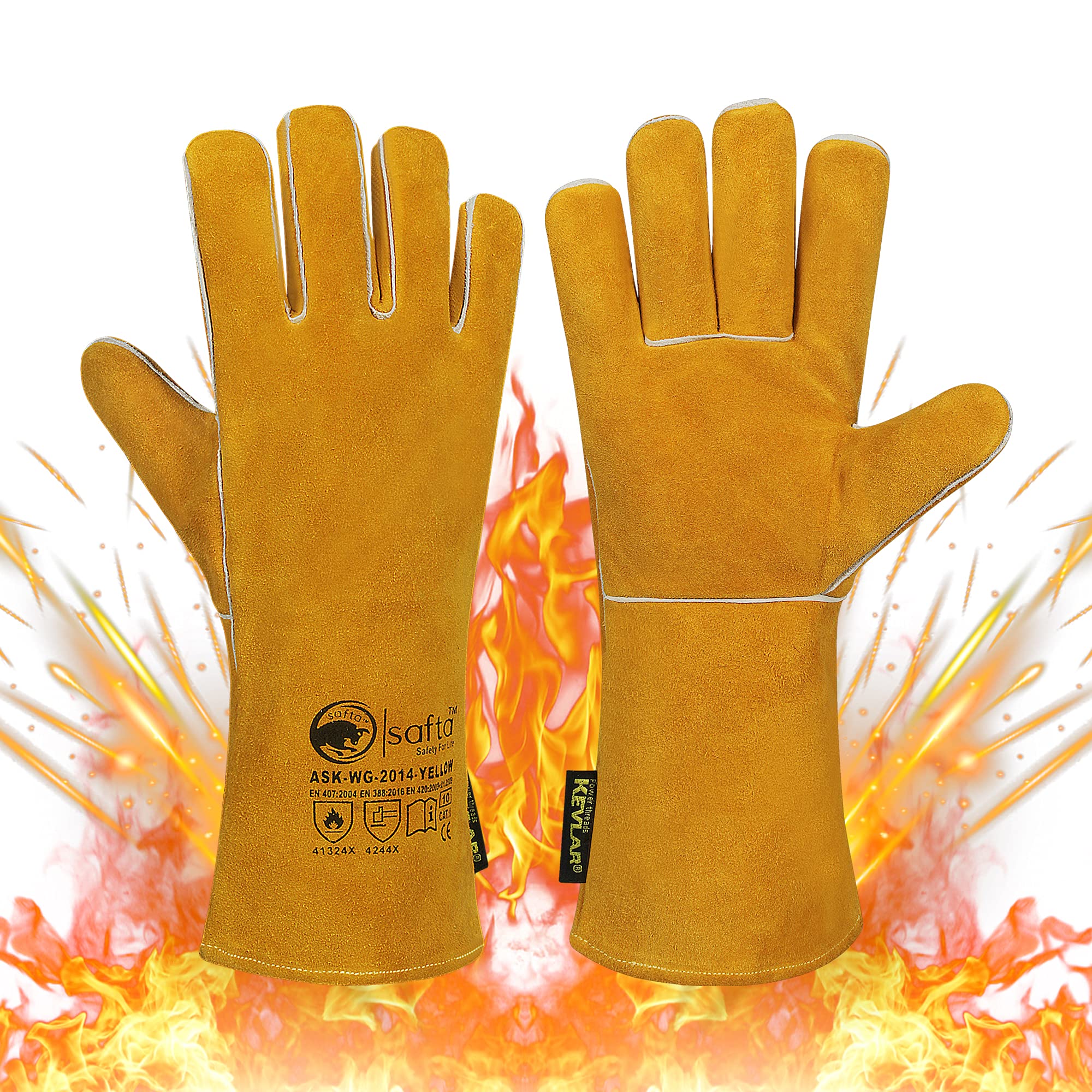 SAFTA Extreme Heat Resistant Gloves, Cow leather with Kevlar Stitching, Ideal Welding gloves for TIG and MIG Welders, Perfect BBQ gloves for cooking in Grill and Oven. (Green) (Yellow) โ image 1