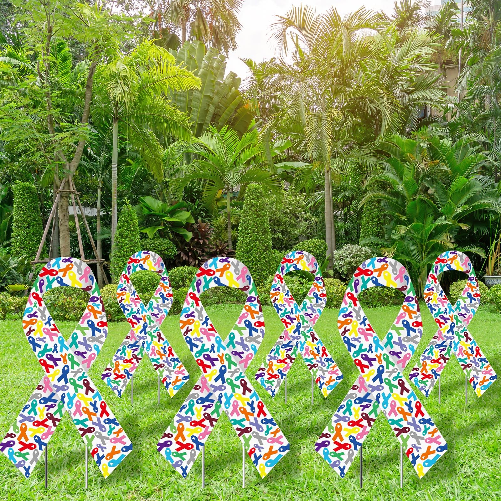 Photo 1 of Drydiet 6 Pcs Cancer Awareness Yard Signs with Metal Stakes 14" Colorful Ribbon Health Lawn Stakes All Cancer Waterproof Patio Sign for Outdoor Garden Church(Multi Colored Ribbon)
