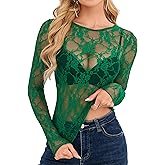 OFEEFAN Womens Mesh Tops Lace Long Sleeve Shirts Crewneck Slim Fitted Outfits See Through Blouses