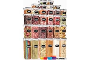 PRAKI 30 Pack Airtight Food Storage Containers for Kitchen Pantry Organization and Storage, BPA-Free, Plastic Storage Canisters with Lids - Cereal, Flour & Sugar, Include Labels, 6 Spoon & Marker