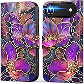 DEENAKIN for iPhone Air Wallet Case with Card Holder + Cash Clip, RFID-Blocking & UV-Printed Artwork, Magnetic Closure with Leather Stand for iPhone 17 Air - Blooming Purple Flowers