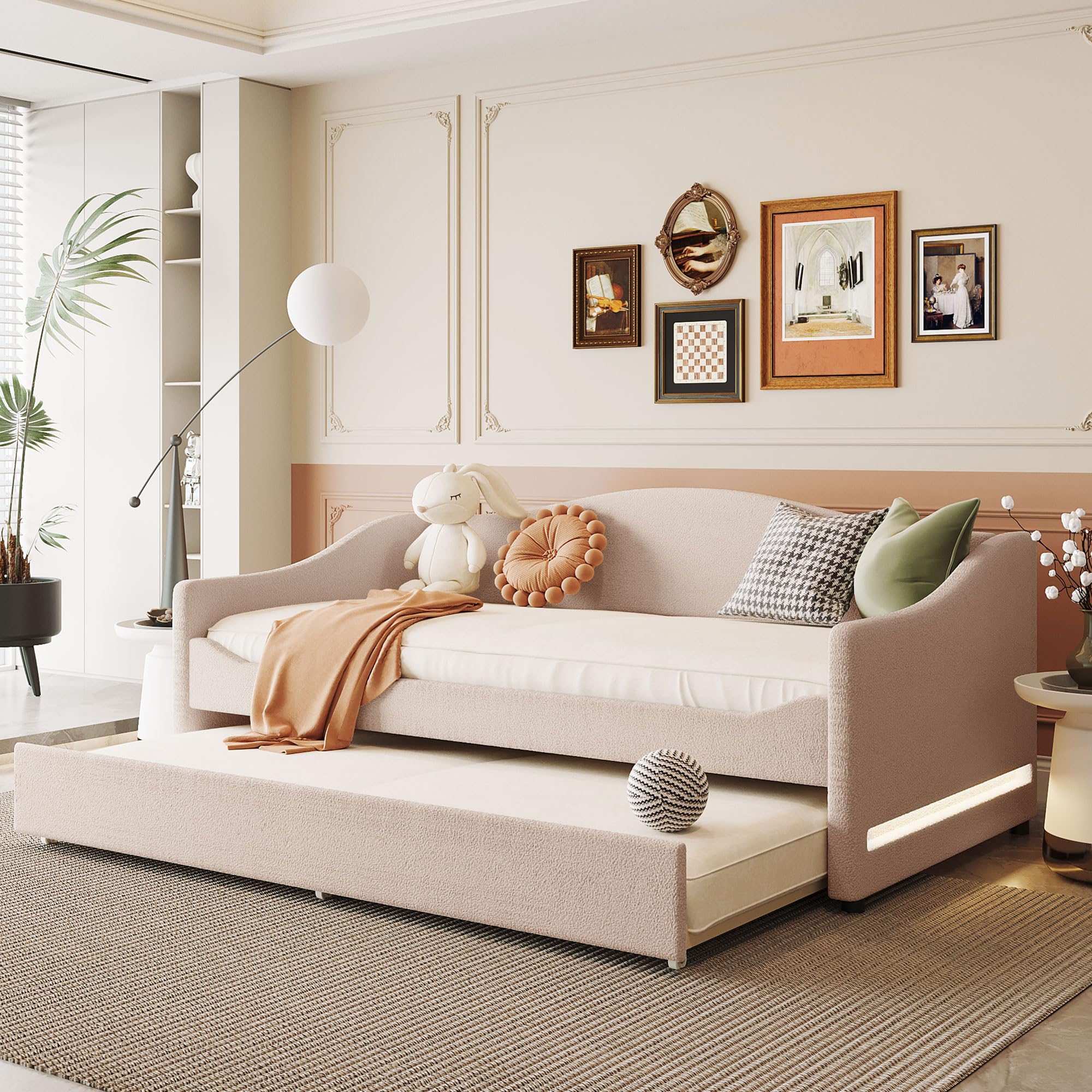 Photo 1 of -ONLY BOX 1 OF 2- ACQCA Twin Size Upholstered Daybed with Trundle and LED Light, Teddy Fleece Day Bed Frame with Solid Wood Slats for Guest Room,Apartment,No Spring Box Needed, Easy Assembly, Beige