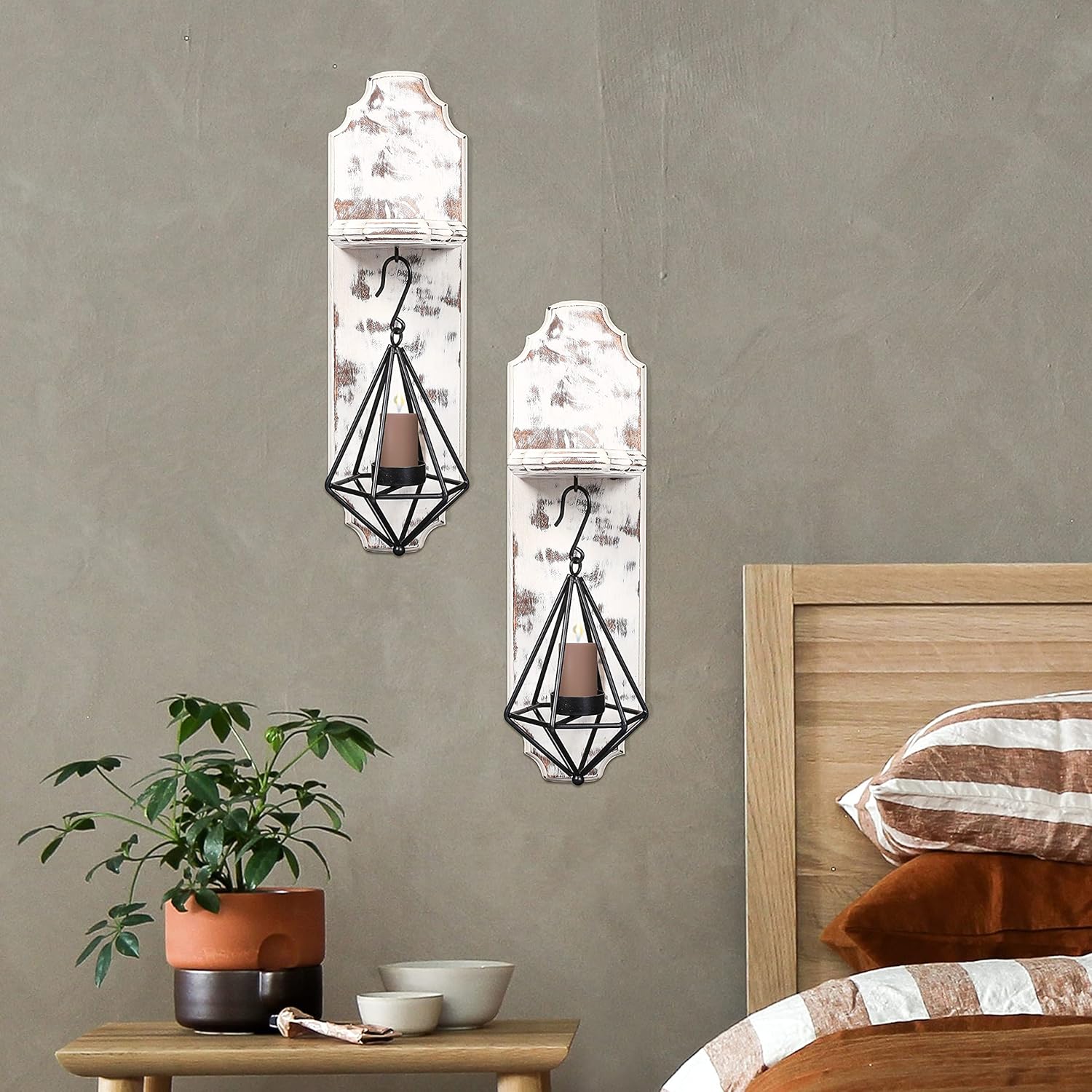 Wood Candle Holders,Wallmounted Pillar Candle Sconce,Wall Mount Rustic Candleholders,Floating Shelves,Hanging Shelf,Farmhouse Wall Décor,Large Wooden Handmade Sconces-15.5x4x5.25 White Wash Set of 2: Kitchen & Dining