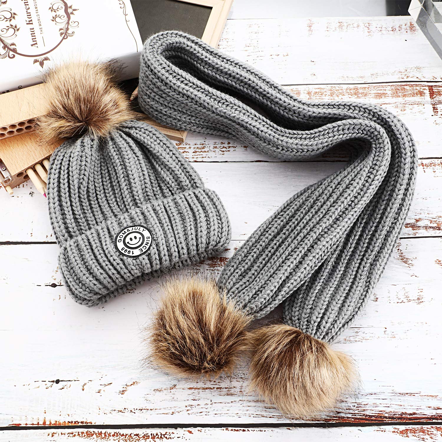 Satinior 3 Stuck Kinder Stricken Pompon Mutze Hut Schal Und Handschuhe Set Unisex Winter Warm Set
