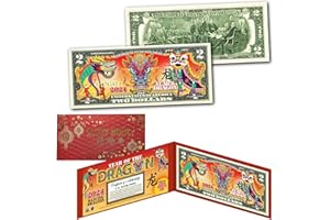 MERRICK MINT Dancing Dragons 2024 Chinese Lunar New Year of The Dragon Uncirculated Two Dollar Bill Special Edition with Both Collectible Red Hard Foilo Display & Red Envelope
