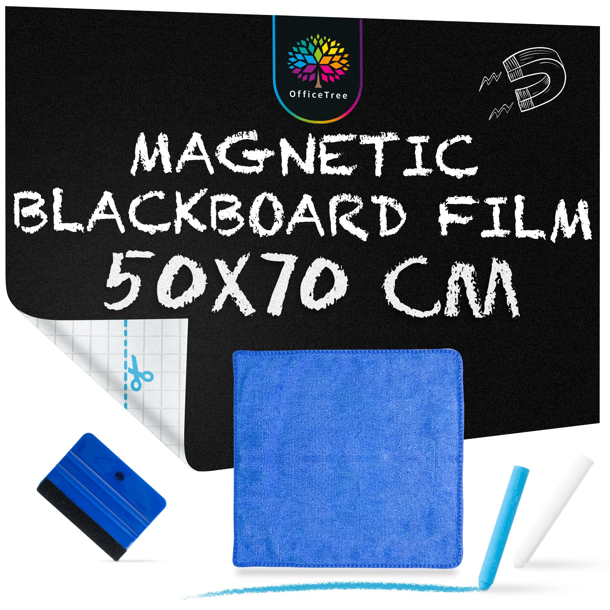 OfficeTree Magnetic Chalkboard Wall Sticker 19.68" x 27.55" - Incl. Cleaning Cloth and 2X Chalks - Magnetic Chalkboard Roll - Magnetic Blackboard for Wall - Magnetic Wall Sticker - Blackboard Sticker