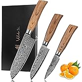 Wakoli 3-Piece Damascus Knife Set – Edib Pro Series with Wooden Gift Box – Kitchen Knife with VG10 Steel Core, 2 Santoku Knives & Paring Knife