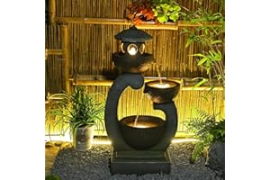 Tankana Outdoor Garden Water Fountain - Modern Tranquil Zen Pagoda Waterfalls Fountains Bowl with LED Lights & Pump for Patio Yard Porch Pool Decor, Gray, 35.5 inches
