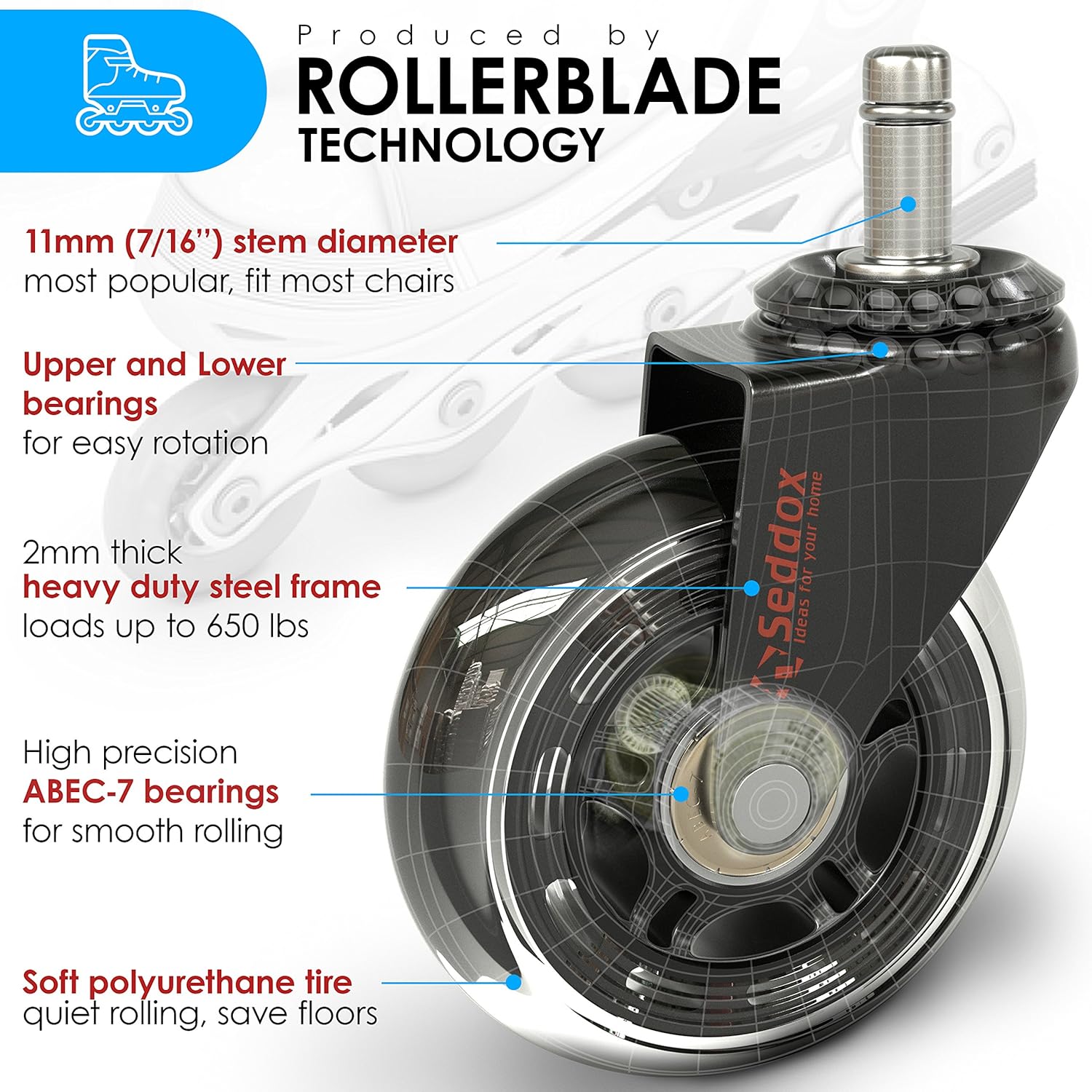Professional Office Chair Caster Wheels Gift Set of 5 - Protect All Your Floors - 3'' Heavy Duty Replacement Rubber Chair Casters - Best Protection for Your Hardwood Floors: Furniture & Decor