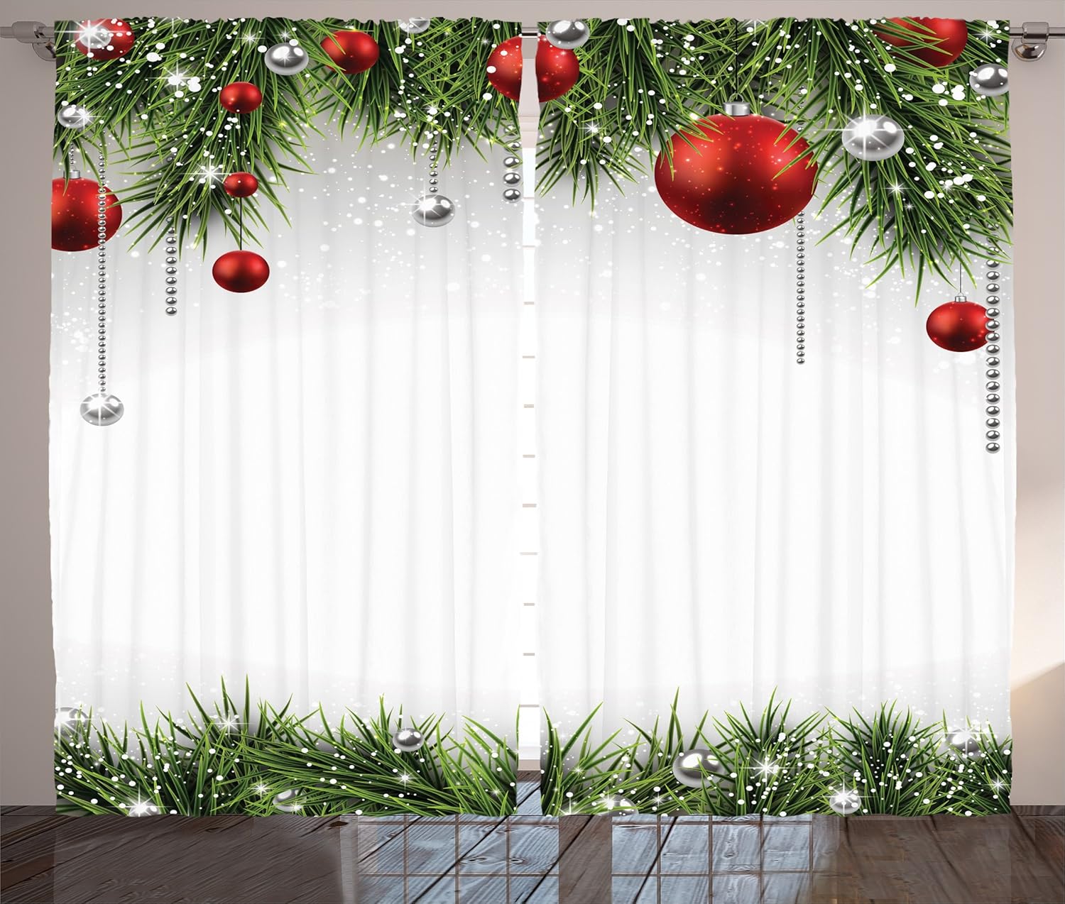 Ambesonne Christmas Curtains, Classical Christmas Ornaments and Baubles Coniferous Pine Tree Twig Tinsel Print, Living Room Bedroom Window Drapes 2 Panel Set, 108" X 84", Vermilion Green