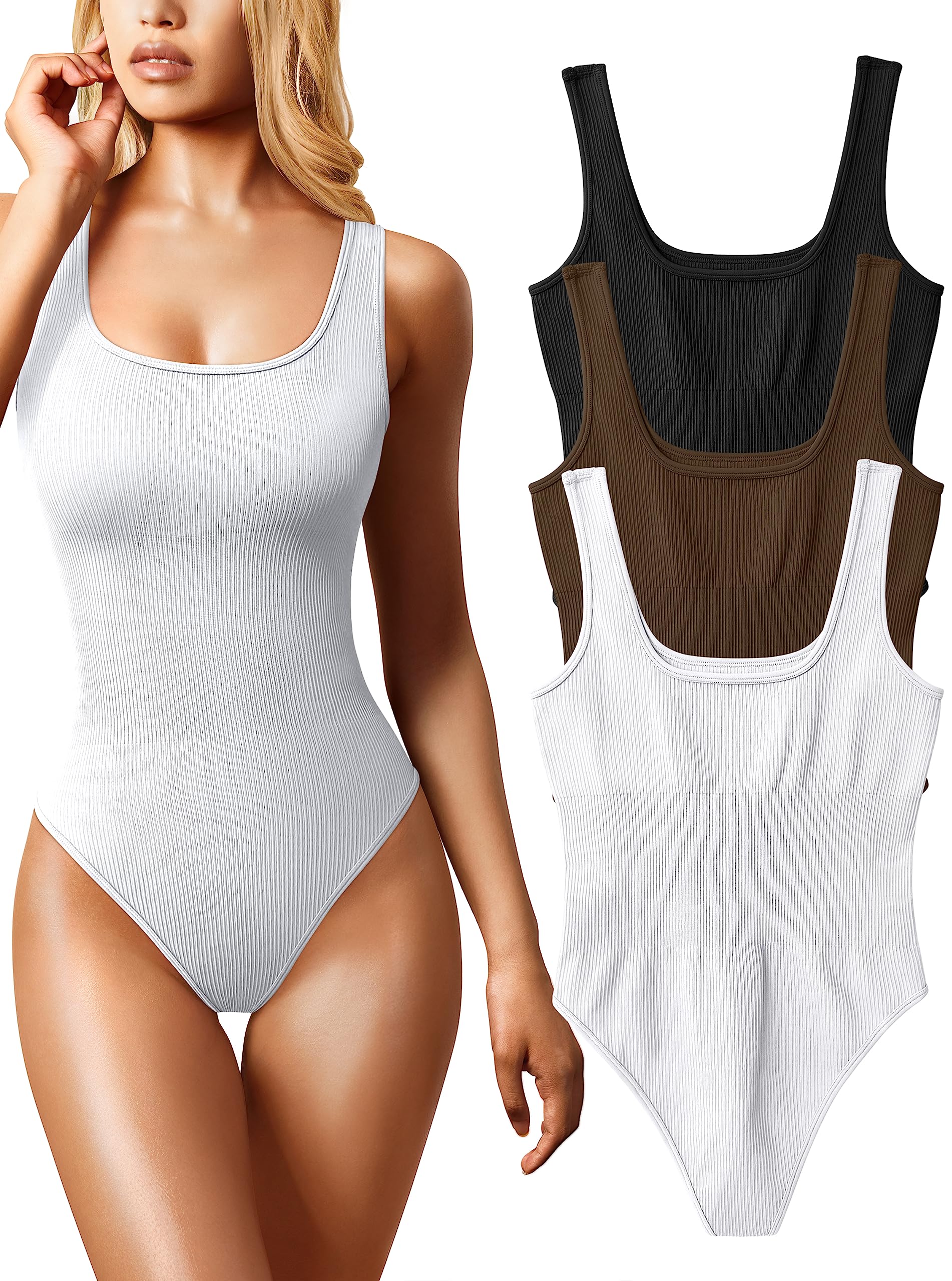 Photo 1 of *** white missing*** OQQ Women's 3 Piece Bodysuits Sexy Ribbed Sleeveless Square Neck Tank Tops Leotard 2025 Trendy Outfits Black Coffee White