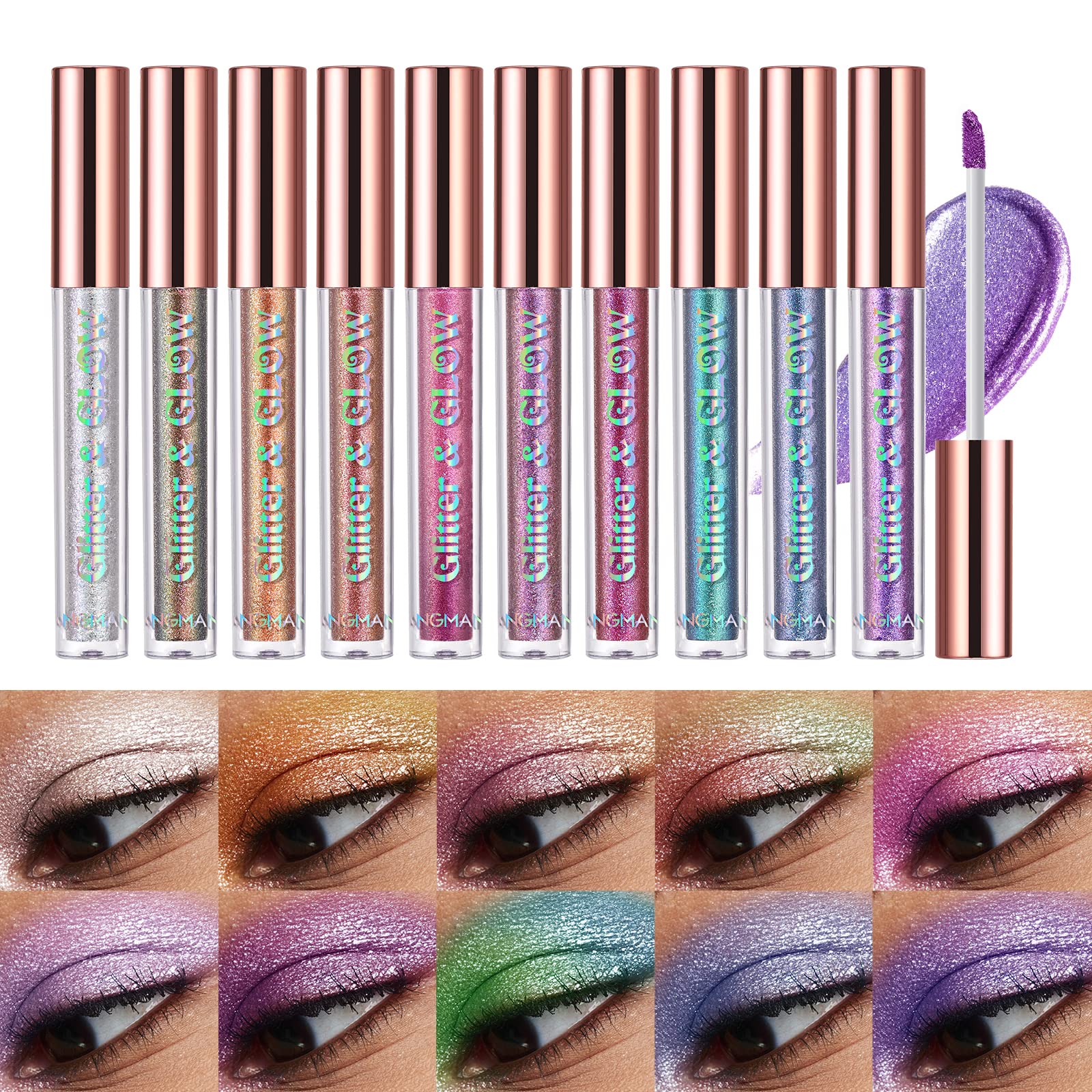 Beliky Girl 10 Color Metallic Glitter Liquid Eyeshadow Set, Waterproof Smoky Eyeshadow, Long-Lasting Quick-Drying Eye Makeup Kit (B), Pack of 1