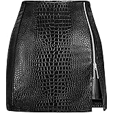 FLUFFY SENSE. Women's Leather Mini Skirt Stretchy High Waisted Zipper Slit Faux Pleather Bodycon Short Pencil Skirt