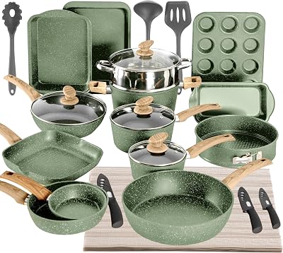 Set di 30 Pezzi Pentole e Padelle Antiaderenti Verde