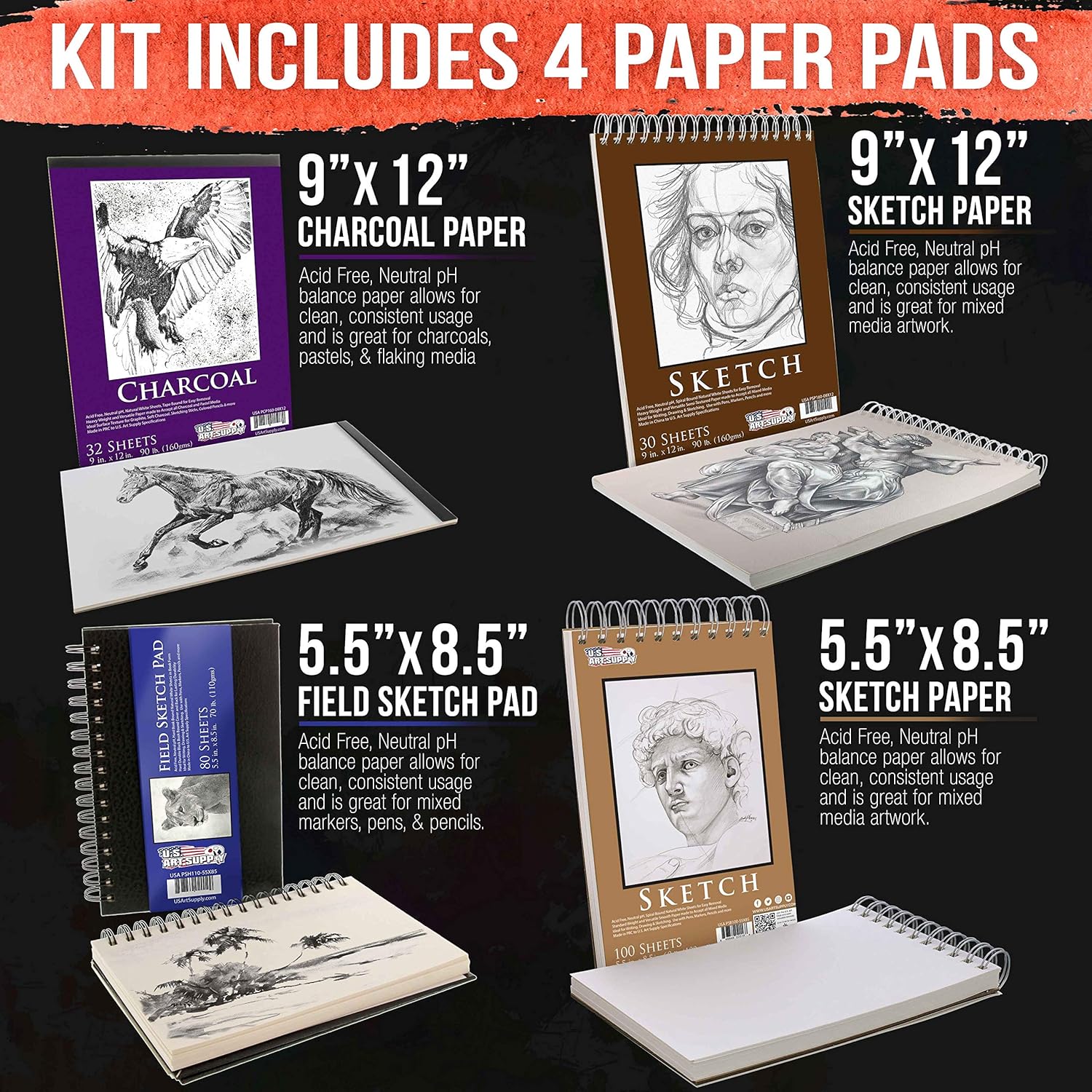U.S. Art Supply 54-Piece Drawing & Sketching Art Set with 4 Sketch Pads (242 Paper Sheets) - Ultimate Artist Kit, Graphite and Charcoal Pencils & Sticks, Pastels, Erasers - Pop-Up Carry Case, Students : Office Products