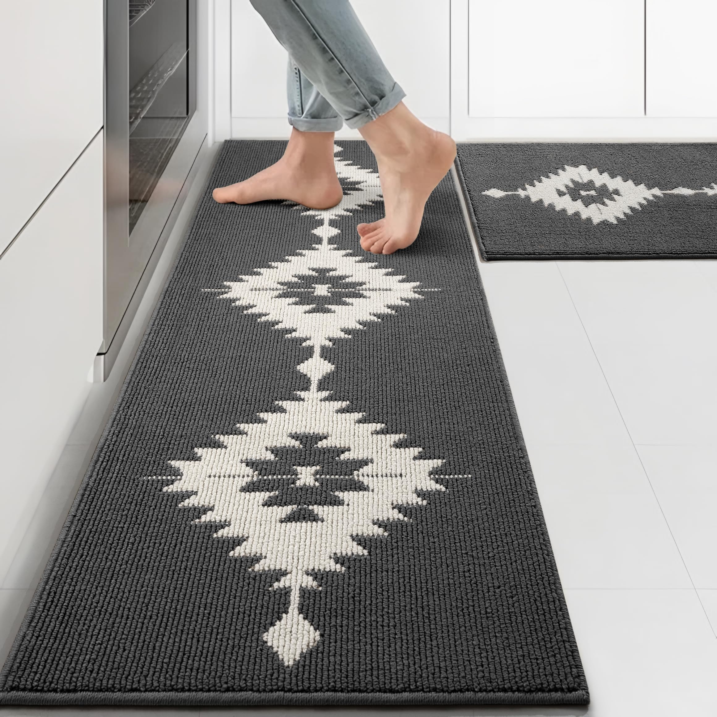 Photo 1 of UNIBATH Farmhouse Kitchen Rugs Sets of 2, Grey Kitchen Mat Set for Floor Non-Slip Washable, Absorbent Resist Dirt Polypropylene Large Long Runner Rug, Western Boho Rug for Sink, 24x35+24x59