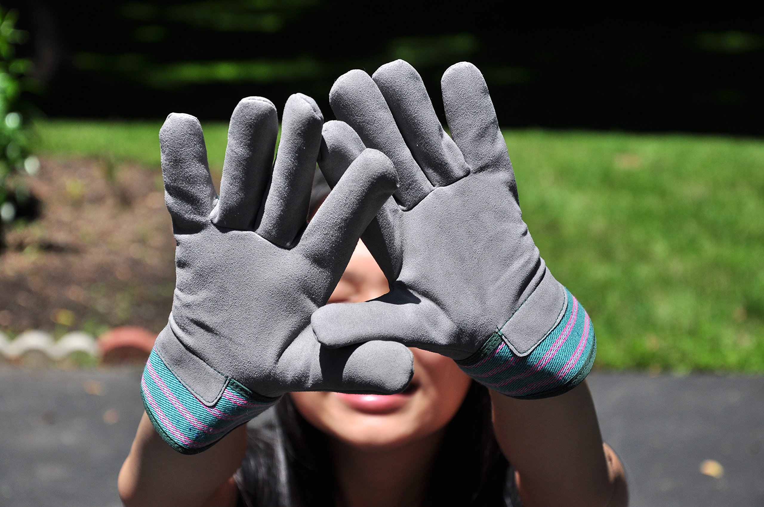 5009L 3 PAIR Pack JustForKids Synthetic Leather Kids Garden Gloves, Kids Work Gloves, Grey, 7-9 years old - 3 Pairs