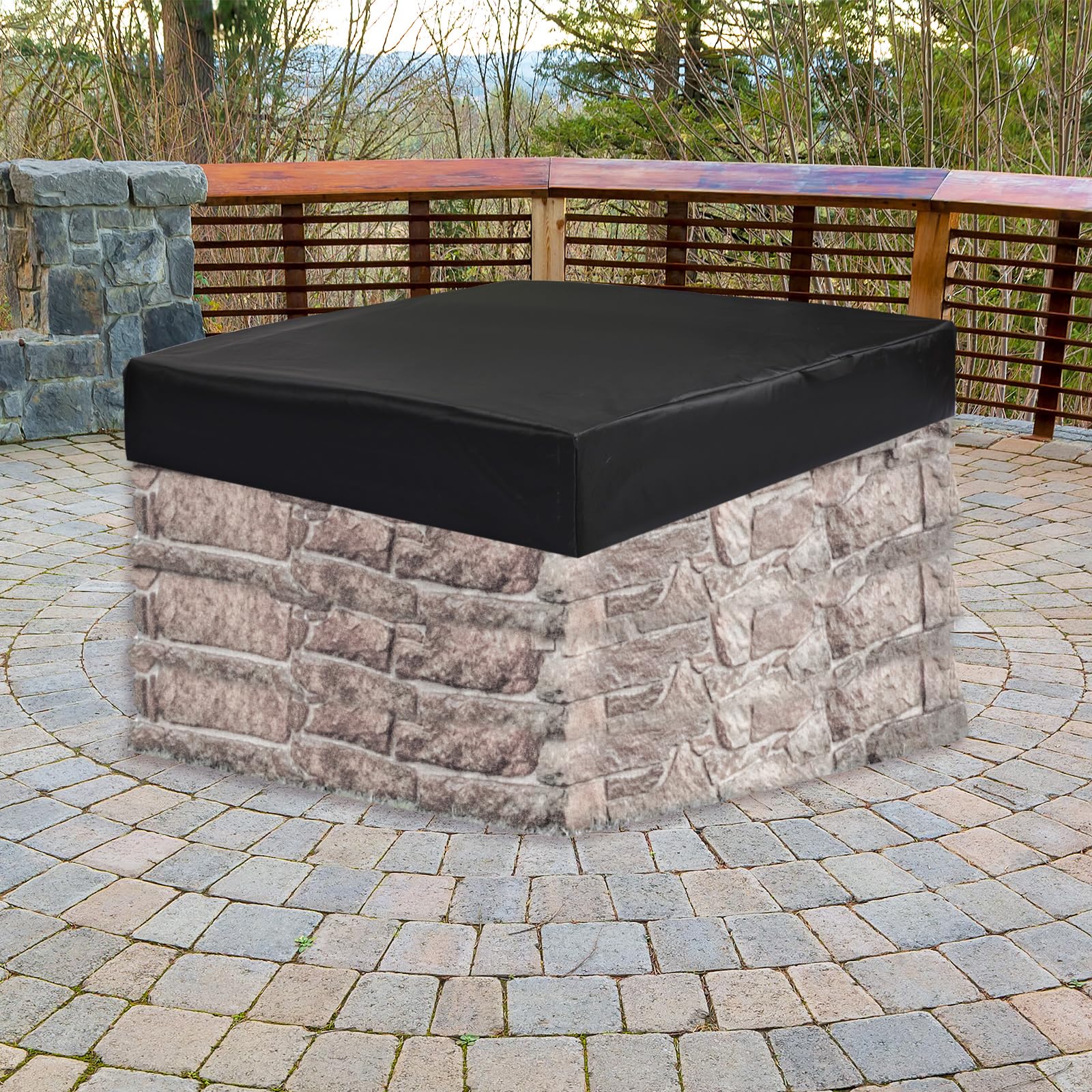 Fire Pit Cover Square, Elastic Stone Fire Pit Cover Fit for 52-56 Inch Waterproof Oxford Fabric Outdoor Stone Fire Pit Cover Large Fire Bowl Cover Outdoor Built in FirePit Cover Accessories (Black)