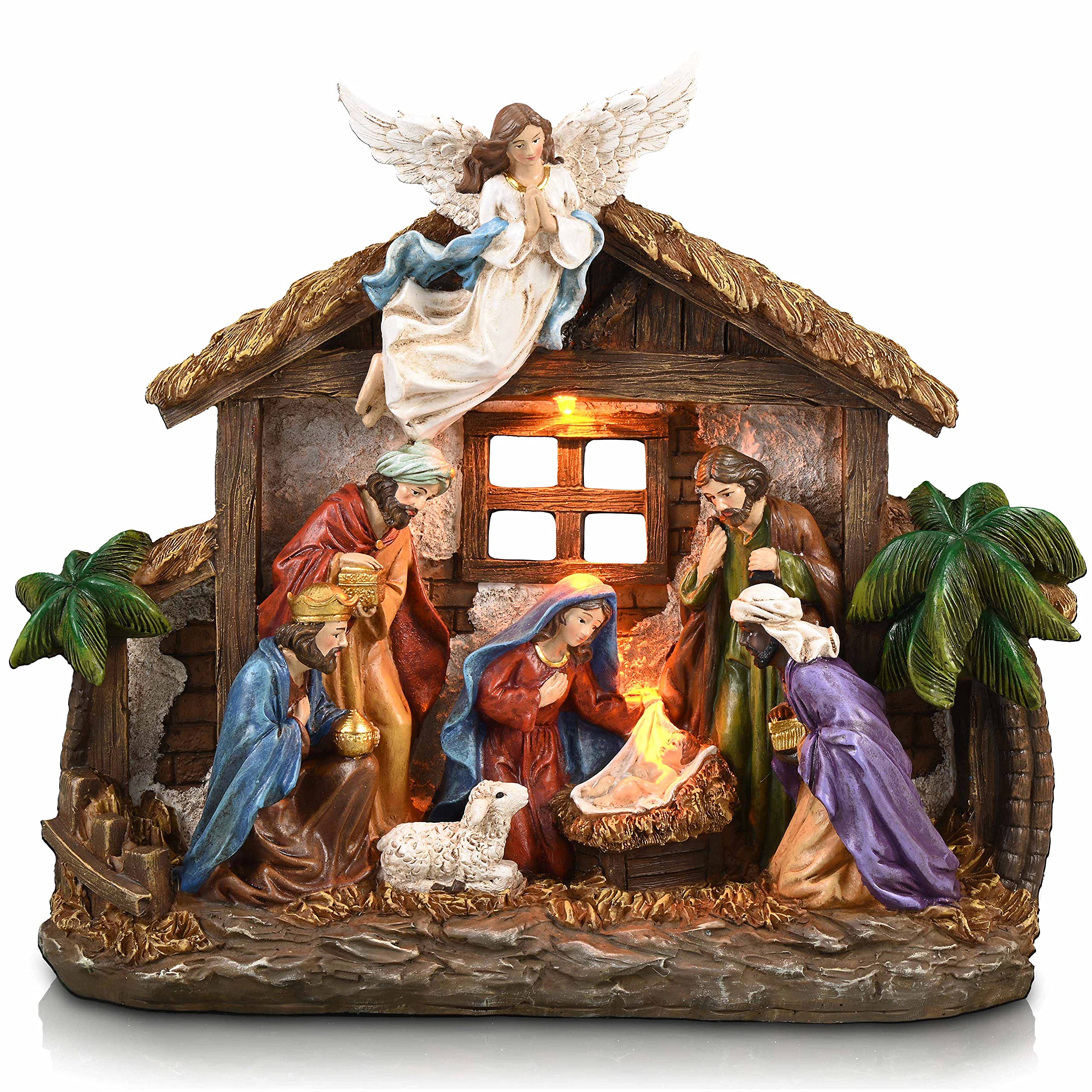 Photo 1 of Valery Madelyn Christmas Nativity Figurines with LED Lights, Large Red Gold Holy Family Nativity Scenes Resin Manger for Xmas Indoor Home Table Fireplace Holiday Decorations, 10.6 Inch Tall