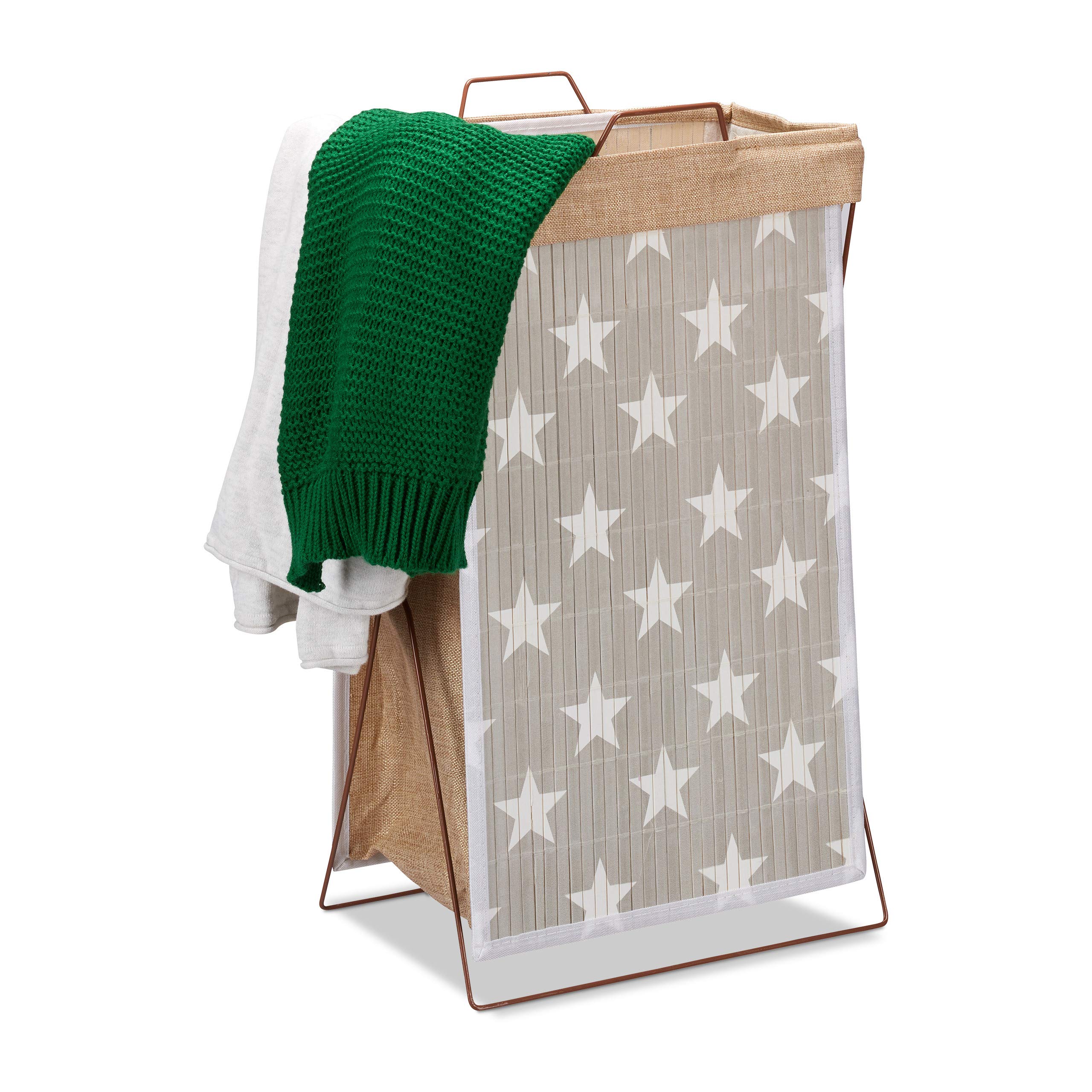 Relaxdays Bamboo Hamper Star, Folding, 40 L, Metal Frame with Handles, Laundry Bag, Clothes Container, Grey, H x W x D: app. 61 x 38 x 22 cm