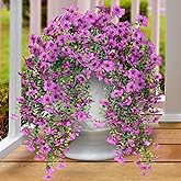 Sggvecsy Artificial Fake Hanging Flowers Plants for Outdoor Outside Spring Summer Decoration 2PCS Faux Silk UV Resistant Realistic Mums Daisy with Eucalyptus for Home Porch Patio Balcony(Magenta)