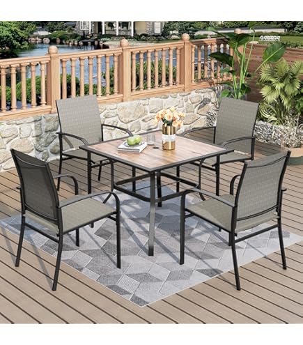 VICLLAX 5-Piece Patio Dining Set – Outdoor Table & 4 Stackable Sling Chairs, Grey Wood-Look, Umbrella Hole
