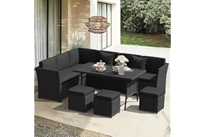YOCONYO Patio Furniture Set, 7 Pieces Outdoor Dining Sets, All Weather Rattan Conversation Set Outdoor Dining Sectional Sofa with Dining Table, Ottoman (Black-Black, B-7 Pieces)