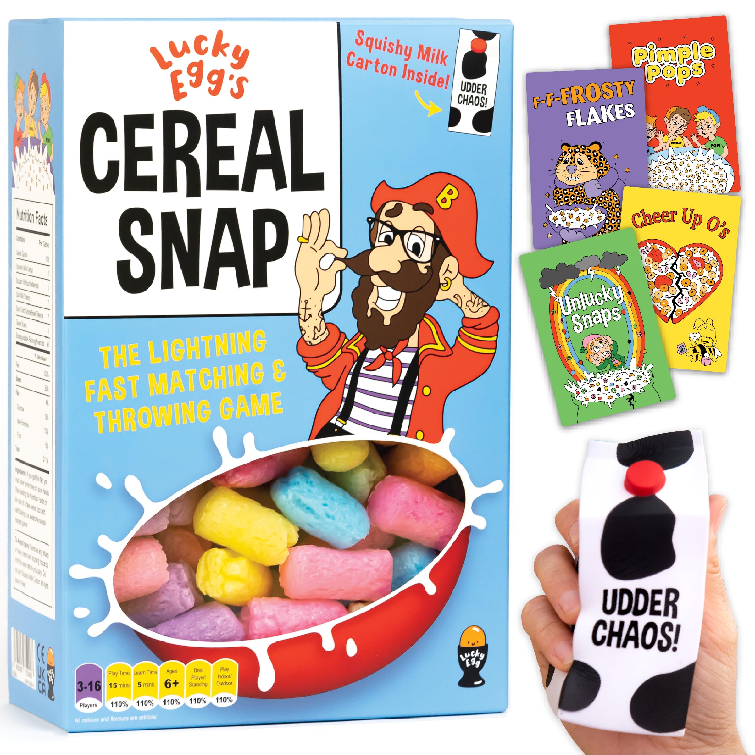 Cereal Snap: The Lighting Fast Matching & Throwing Game, Party Game for Adults, Teens, Kids & Families, Comes with A Squishy Milk Carton, Active Family Card Game, Game by Lucky Egg