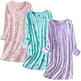Inadays 3 Pack Women's Cotton Nightgown Sleepwear Long Sleeves Nightshirt Fun Print Sleepdress Loose Comfy Sleepshirts