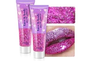 LINWULTE Body Glitter Gel Set, 2 Pcs Face Glitter Gel Makeup for Concerts, Holographic Long Lasting Chunky Sequins Glitters Gel for Eye Lip Hair Nails, Iridescent Chunky Glitter Gel for Festival Rave (Fuchsia)
